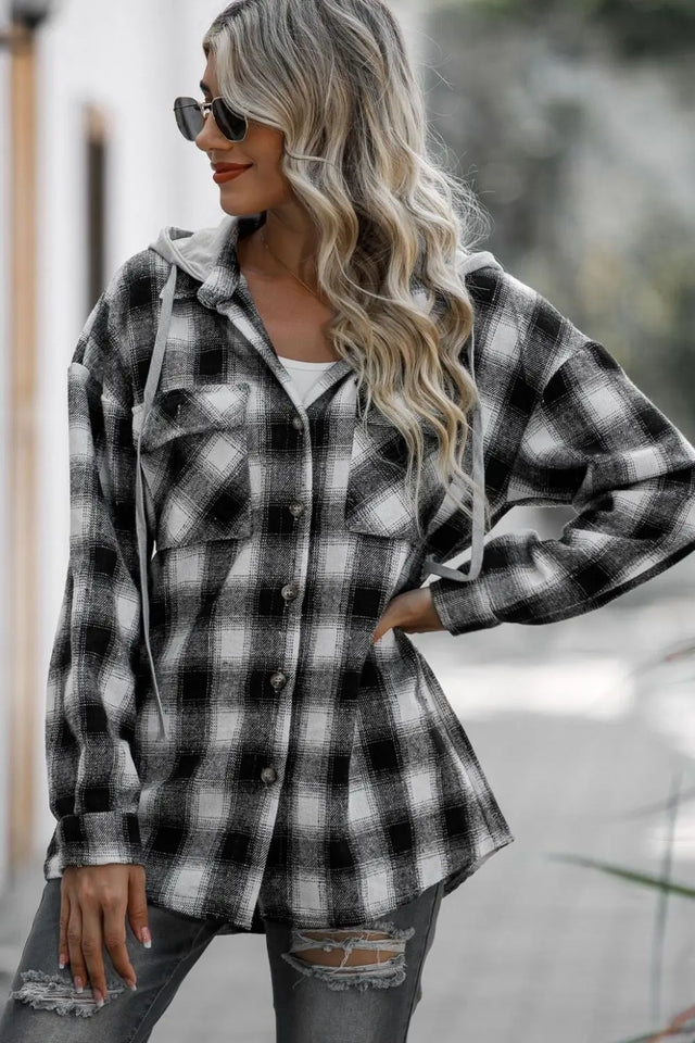 Double Take Drawstring Plaid Long Sleeve Hooded Shacket Trendsi Hanalas