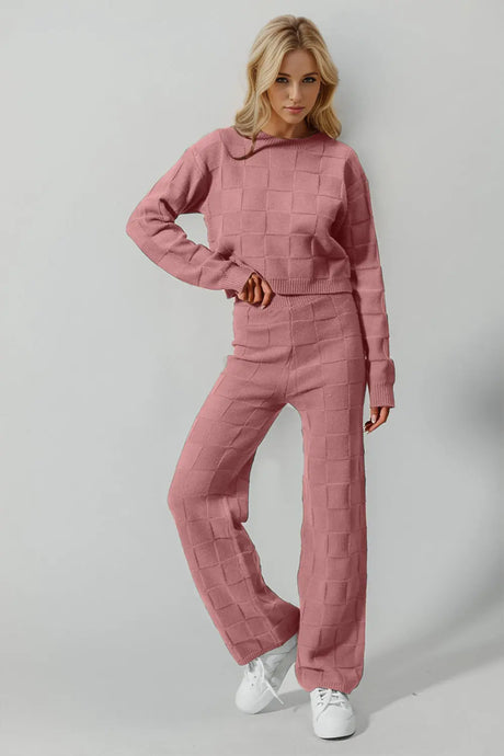 Double Take Full Size Checkered Round Neck Top and Pants Set | Hanalas