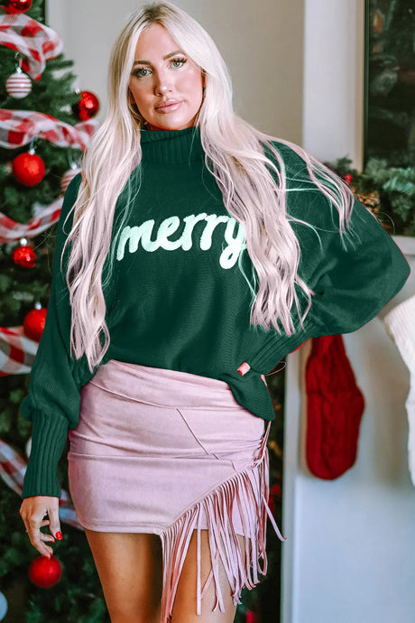 Double Take Full Size Merry Christmas Turtleneck Long Sleeve Sweater Trendsi Hanalas