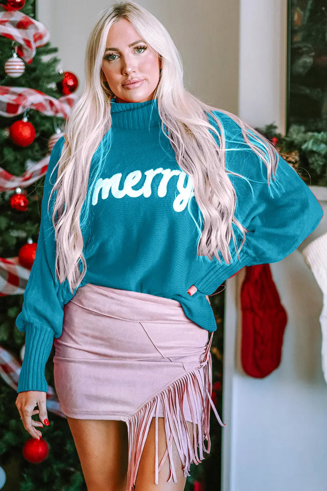 Double Take Full Size Merry Christmas Turtleneck Long Sleeve Sweater Trendsi Hanalas