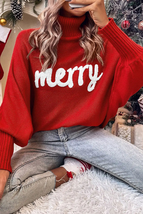 Double Take Full Size Merry Christmas Turtleneck Long Sleeve Sweater Trendsi Hanalas