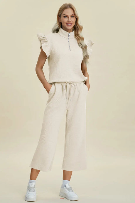 Double Take Full Size Texture Ruffle Short Sleeve Top and Wide Leg Pants Set | Hanalas
