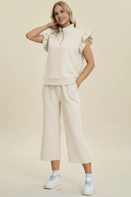 Double Take Full Size Texture Ruffle Short Sleeve Top and Wide Leg Pants Set | Hanalas