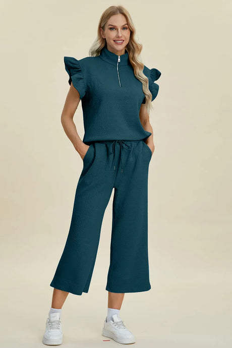 Double Take Full Size Texture Ruffle Short Sleeve Top and Wide Leg Pants Set | Hanalas