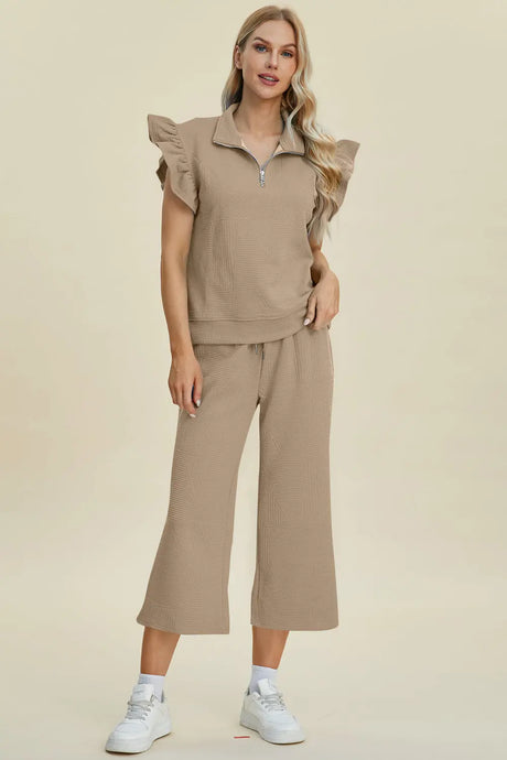 Double Take Full Size Texture Ruffle Short Sleeve Top and Wide Leg Pants Set | Hanalas