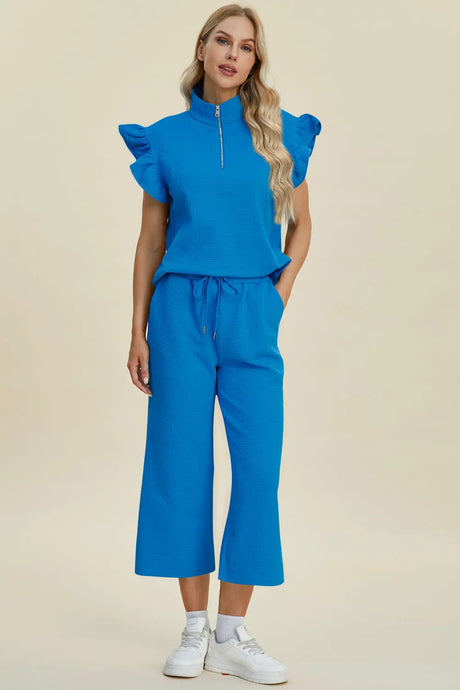 Double Take Full Size Texture Ruffle Short Sleeve Top and Wide Leg Pants Set | Hanalas