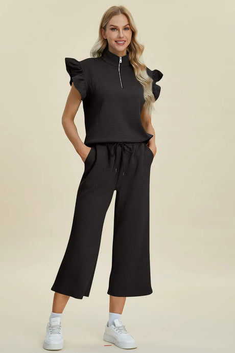 Double Take Full Size Texture Ruffle Short Sleeve Top and Wide Leg Pants Set | Hanalas