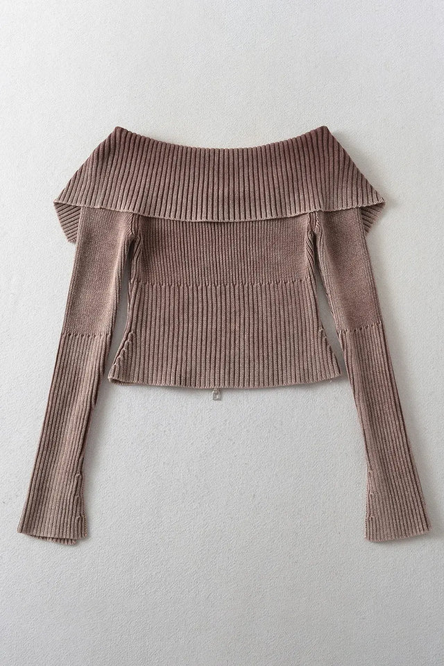 Double Take Ribbed Off-Shoulder Zip Up Long Sleeve Cardigan Trendsi Hanalas