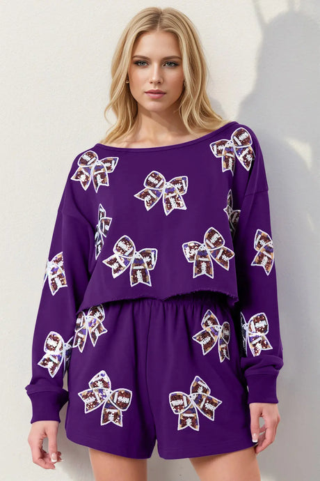 Double Take Sequin Bow Cropped Top and Shorts Set | Hanalas