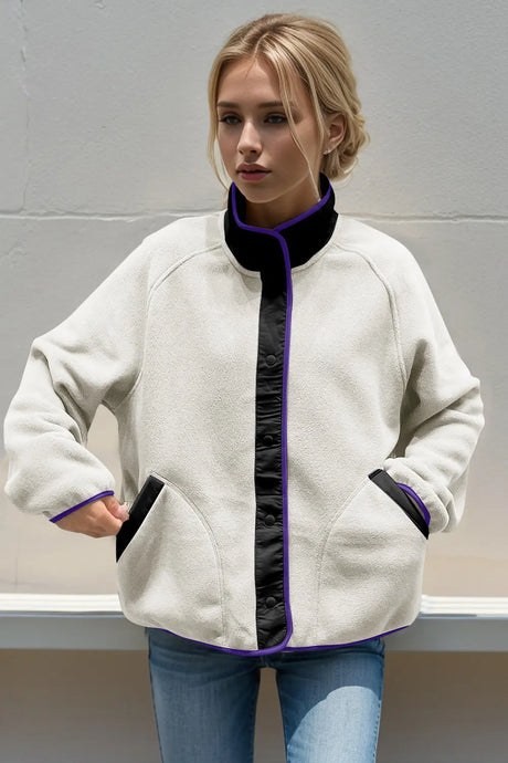 Double Take Snap Down Contrast Fleece Jacket with Pockets Trendsi Hanalas