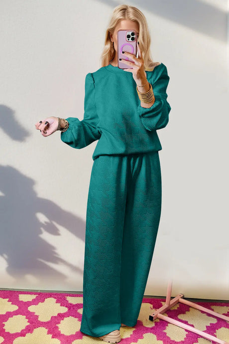 Double Take Texture Long Sleeve Top and Wide Leg Pants Set | Hanalas