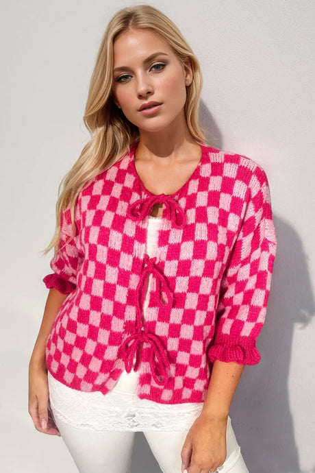 Double Take Tied Checkered Dropped Shoulder Flounce Sleeve Cardigan Trendsi Hanalas