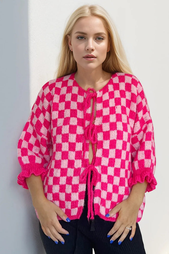 Double Take Tied Checkered Dropped Shoulder Flounce Sleeve Cardigan Trendsi Hanalas