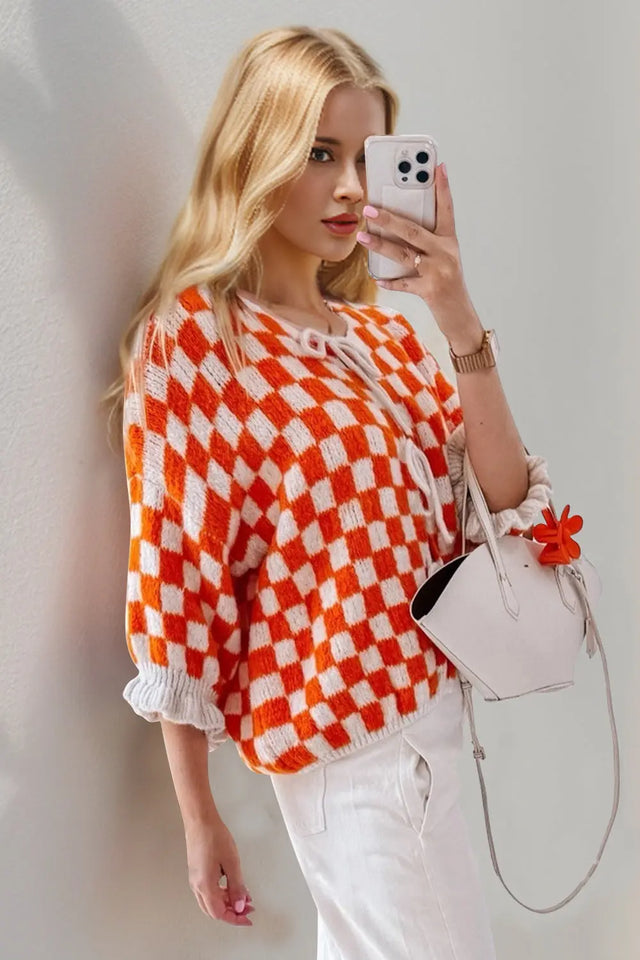 Double Take Tied Checkered Dropped Shoulder Flounce Sleeve Cardigan Trendsi Hanalas