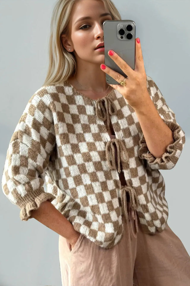 Double Take Tied Checkered Dropped Shoulder Flounce Sleeve Cardigan Trendsi Hanalas