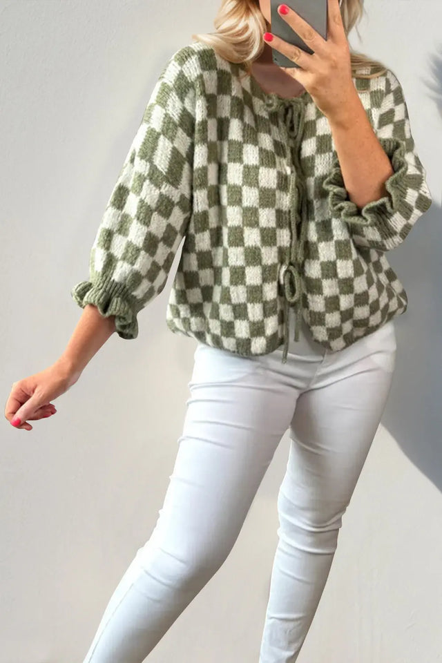 Double Take Tied Checkered Dropped Shoulder Flounce Sleeve Cardigan Trendsi Hanalas