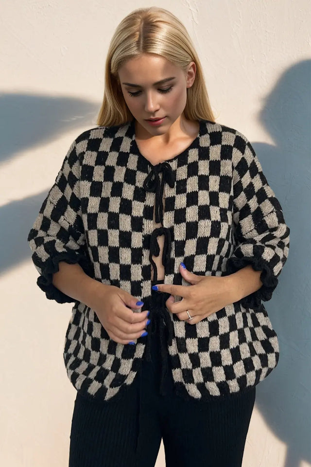 Double Take Tied Checkered Dropped Shoulder Flounce Sleeve Cardigan Trendsi Hanalas