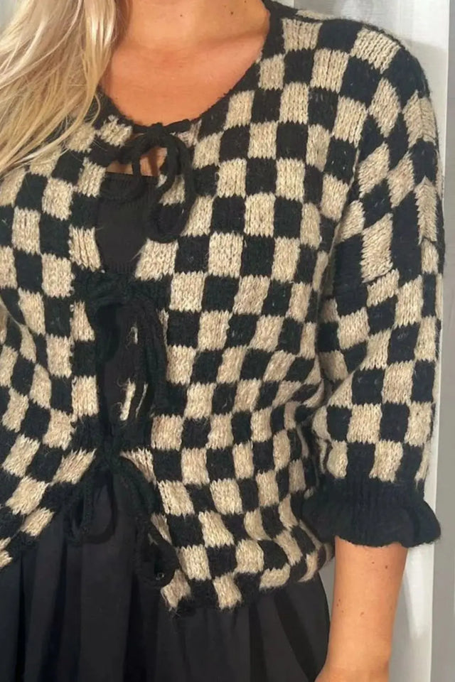 Double Take Tied Checkered Dropped Shoulder Flounce Sleeve Cardigan Trendsi Hanalas