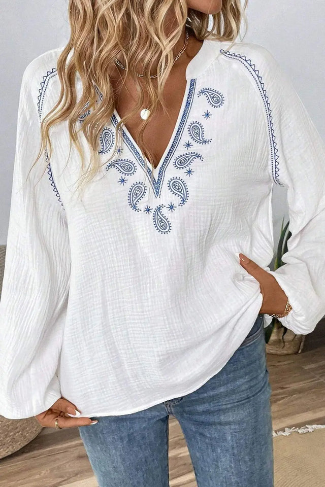 Embroidered Notched Long Sleeve Blouse | Hanalas