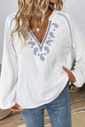 Embroidered Notched Long Sleeve Blouse | Hanalas