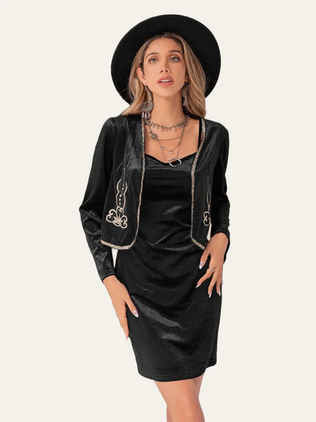 Embroidered Open Front Cardigan and Cami Dress Set | Hanalas