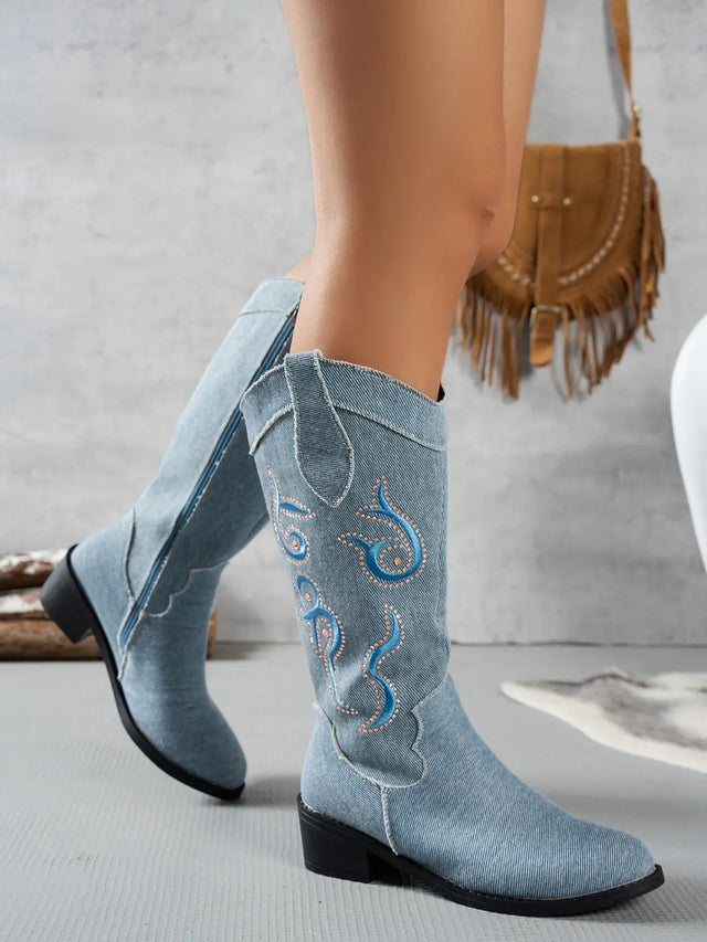 Embroidered Point Toe Block Heel Boots Trendsi Hanalas