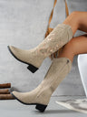 Embroidered Point Toe Block Heel Boots Trendsi Hanalas