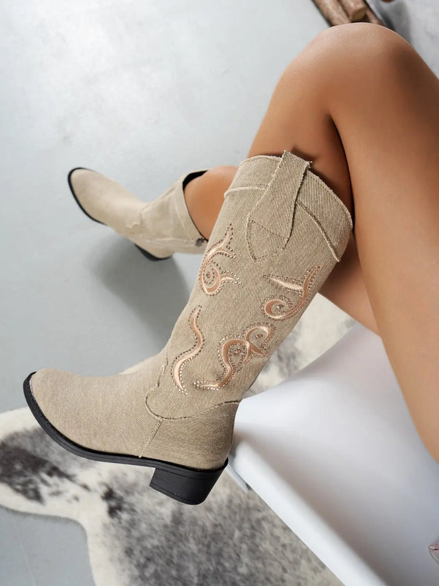 Embroidered Point Toe Block Heel Boots Trendsi Hanalas