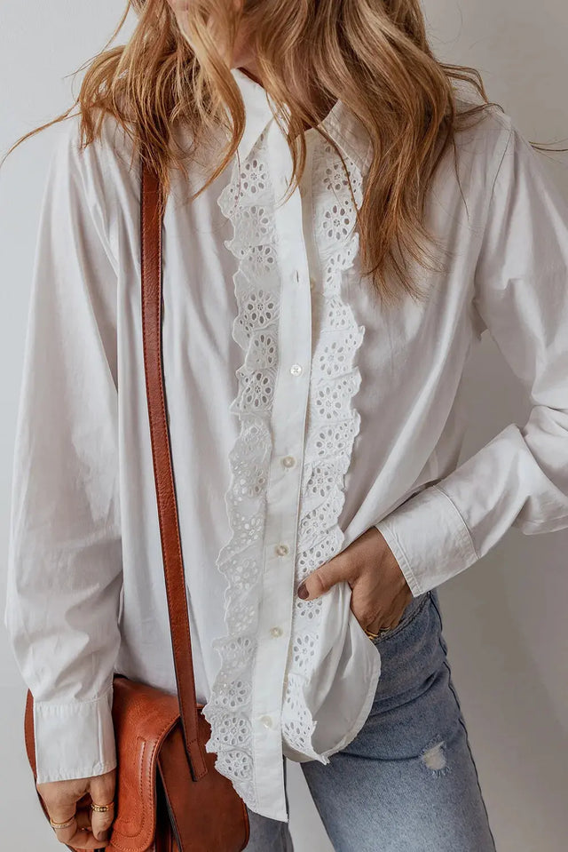 Eyelet Button Down Long Sleeve Shirt Trendsi Hanalas