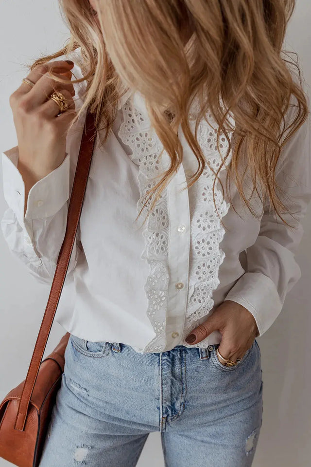 Eyelet Button Down Long Sleeve Shirt Trendsi Hanalas