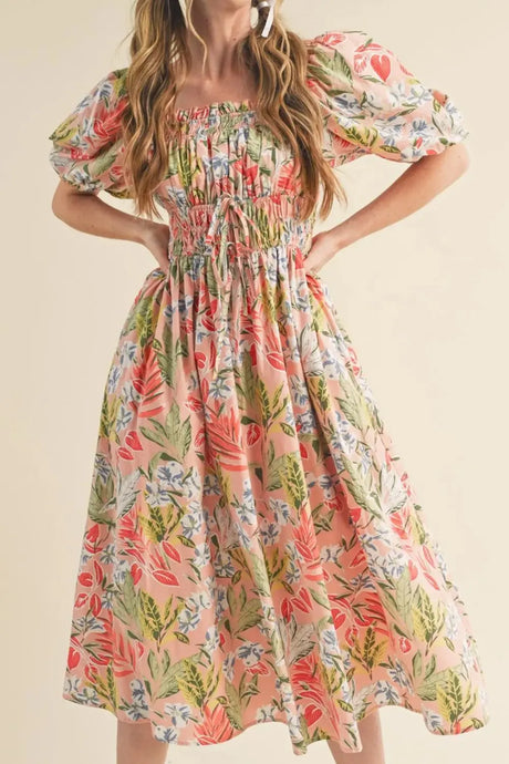 Floral Smocked Square Neck Puff Short Sleeve Midi Dress | Hanalas