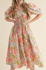 Floral Smocked Square Neck Puff Short Sleeve Midi Dress | Hanalas