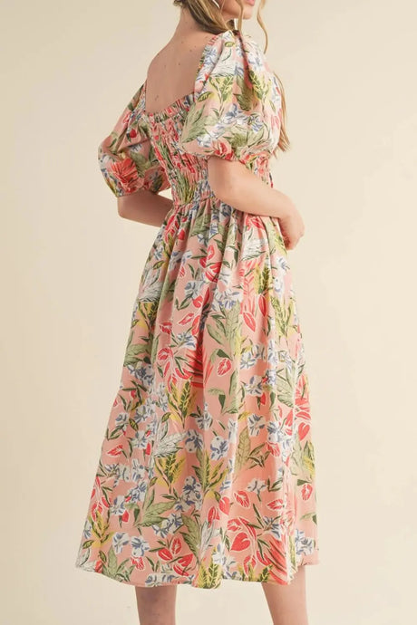 Floral Smocked Square Neck Puff Short Sleeve Midi Dress | Hanalas