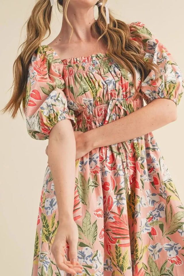 Floral Smocked Square Neck Puff Short Sleeve Midi Dress | Hanalas
