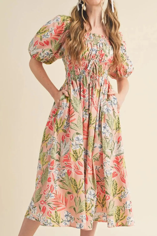 Floral Smocked Square Neck Puff Short Sleeve Midi Dress | Hanalas