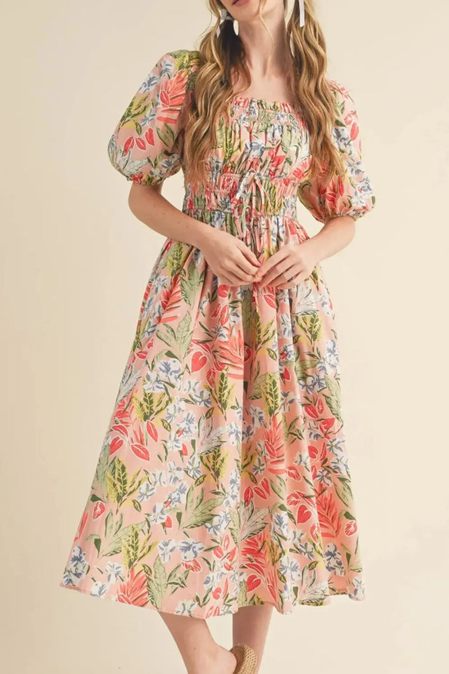 Floral Smocked Square Neck Puff Short Sleeve Midi Dress | Hanalas