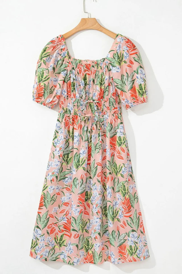 Floral Smocked Square Neck Puff Short Sleeve Midi Dress | Hanalas