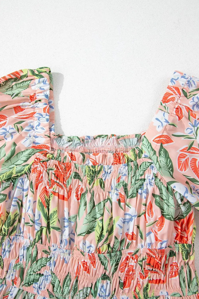 Floral Smocked Square Neck Puff Short Sleeve Midi Dress | Hanalas