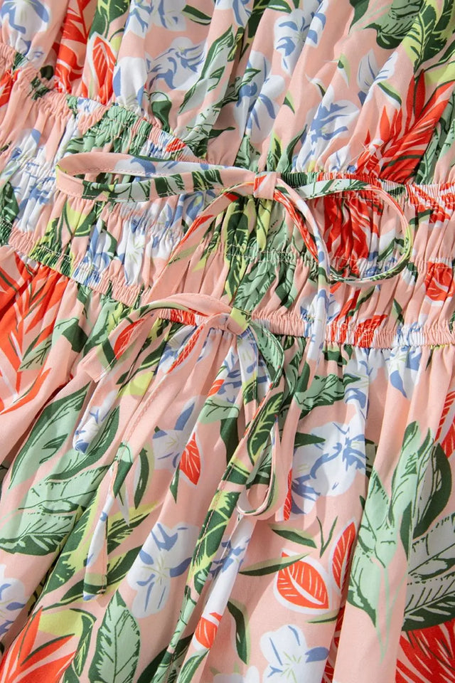 Floral Smocked Square Neck Puff Short Sleeve Midi Dress | Hanalas
