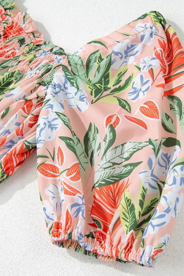 Floral Smocked Square Neck Puff Short Sleeve Midi Dress | Hanalas