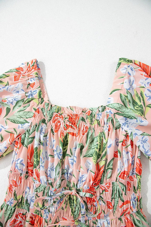 Floral Smocked Square Neck Puff Short Sleeve Midi Dress | Hanalas