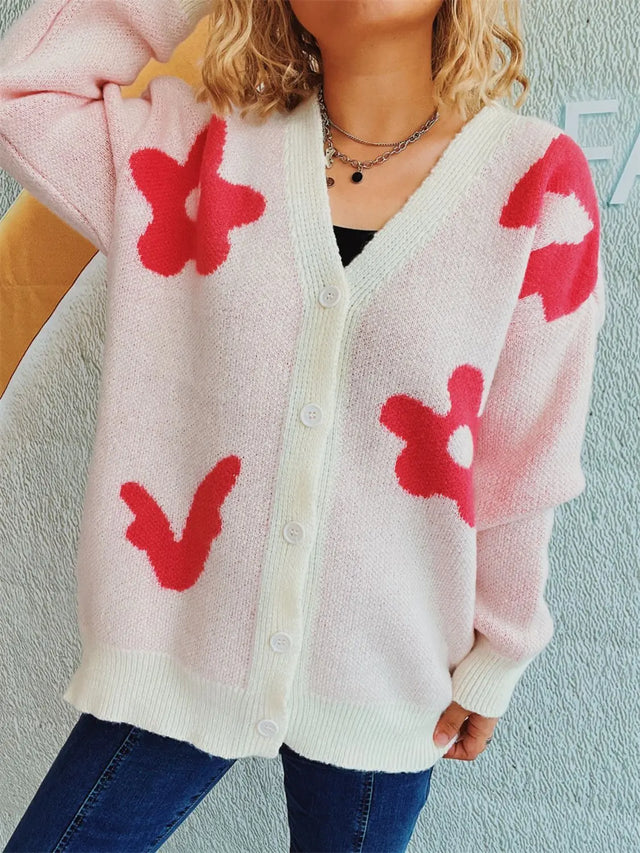 Flower Button Down V-Neck Long Sleeve Cardigan Trendsi Hanalas