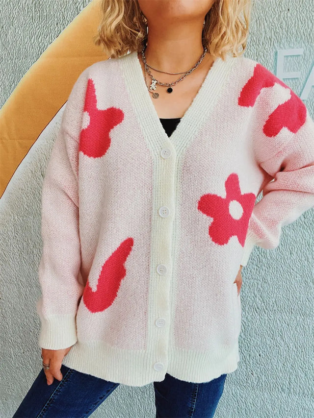 Flower Button Down V-Neck Long Sleeve Cardigan Trendsi Hanalas