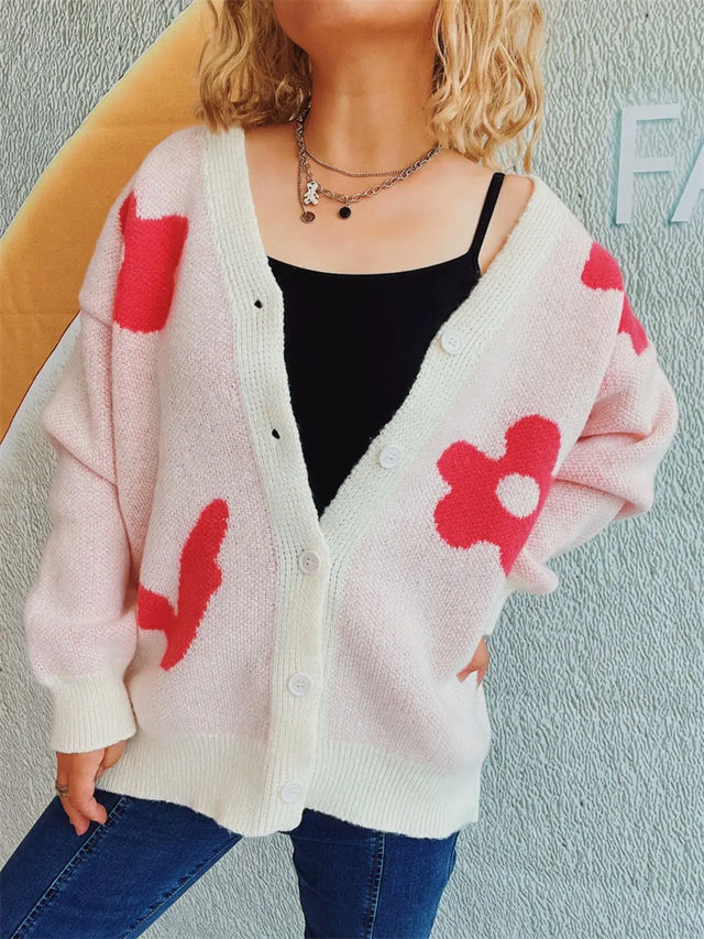 Flower Button Down V-Neck Long Sleeve Cardigan Trendsi Hanalas