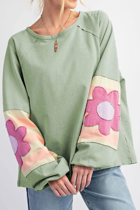 Flower Patch Round Neck Balloon Sleeve Top Trendsi Hanalas