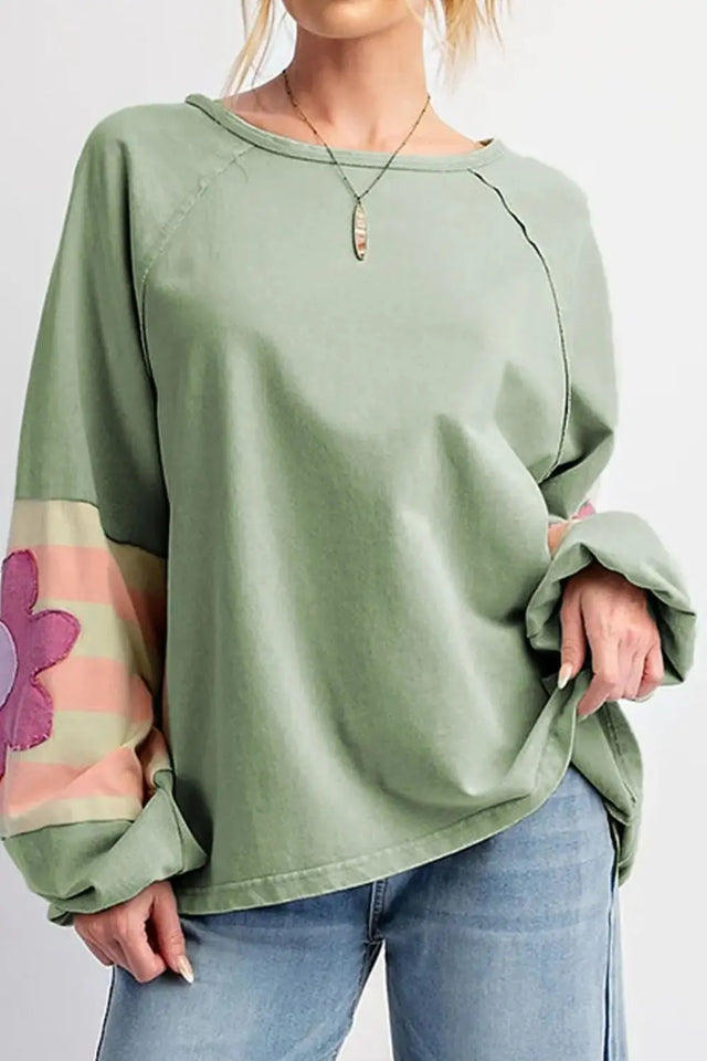 Flower Patch Round Neck Balloon Sleeve Top Trendsi Hanalas