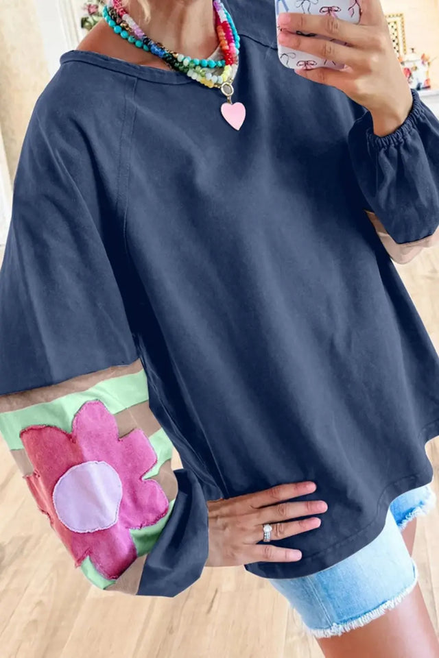 Flower Patch Round Neck Balloon Sleeve Top Trendsi Hanalas