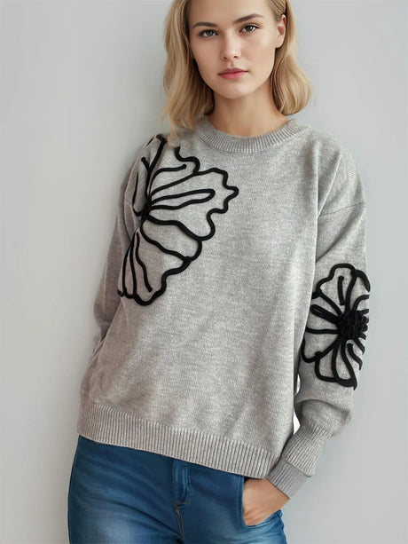 Flower Round Neck Long Sleeve Sweater Trendsi Hanalas