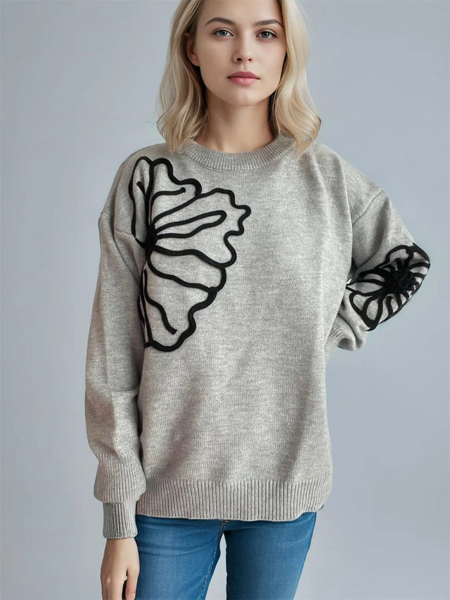 Flower Round Neck Long Sleeve Sweater Trendsi Hanalas