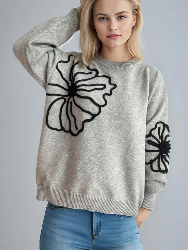 Flower Round Neck Long Sleeve Sweater Trendsi Hanalas